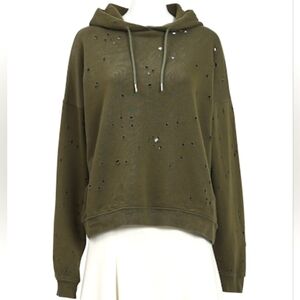 Sandro Paris Distressed Casual Hoodie Sweater In Dark Green Size Medium